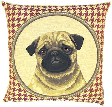 DOG FASHION PUG RED Tapestry Pillow Covers are woven on a Jacquard loom (crafted with true traditional tapestry technique) with 100% high quality cotton thread, lined with a plain beige cotton backing and close with a zipper. Size: 18" X 18"