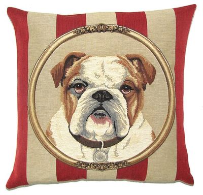 DOG ENGLISH BULLDOG PORTRAIT Belgian Tapestry Throw Pillow Cases - Decorative 18 X 18 Square Pillow Covers - Zippered Throw Pillow Case - Jacquard Woven Belgium Tapestry Cushion Covers - Fun Dressed Dog Throw Cushions - Dog Lover Gift - English Bulldog Home Decor Gifts