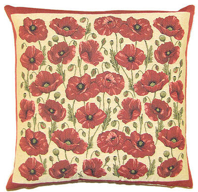 This POPPIES ALLOVER BEIGE Tapestry Pillow Cover is woven on a Jacquard loom (crafted with true traditional tapestry technique) with 100% high quality cotton thread, lined with a plain beige cotton backing and closes with a zipper. Size: 18" X 18"