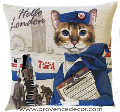 CAT FLIGHT TO LONDON European Belgian Tapestry Throw Pillow Cases - Decorative 18 X 18 Pillow Covers - Zippered Throw Pillow Case - Jacquard Woven Belgium Tapestry Cushion Covers - Fun Dressed Cat Throw Cushions - Cat Lover Gift - Gifts for Stewardess, Flight Attendants - London Home Decor Gifts