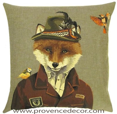 FOREST RANGER FOX AND BIRDS Belgian Tapestry Throw Pillow Cases - Decorative 18 X 18 Square Pillow Covers - Zippered Throw Pillow Case - Jacquard Woven Belgium Tapestry Cushion Covers - Fun Forest Animals Throw Cushions - Mountain House Forest Ranger Fox Birds Home Decor Gifts