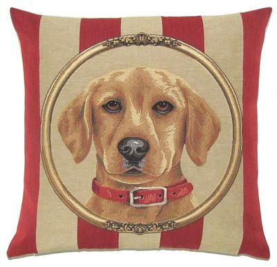 DOG YELLOW LABRADOR PORTRAIT Belgian Tapestry Throw Pillow Cases - Decorative 18 X 18 Square Pillow Covers - Zippered Throw Pillow Case - Jacquard Woven Belgium Tapestry Cushion Covers - Fun Dressed Dog Throw Cushions - Dog Lover Gift - Yellow Labrador Home Decor Gifts