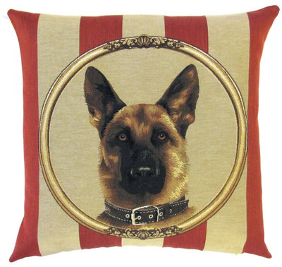 DOG GERMAN SHEPHERD PORTRAIT Belgian Tapestry Throw Pillow Cases - Decorative 18 X 18 Square Pillow Covers - Zippered Throw Pillow Case - Jacquard Woven Belgium Tapestry Cushion Covers - Fun Dressed Dog Throw Cushions - Dog Lover Gift - German Shepherd Home Decor Gifts