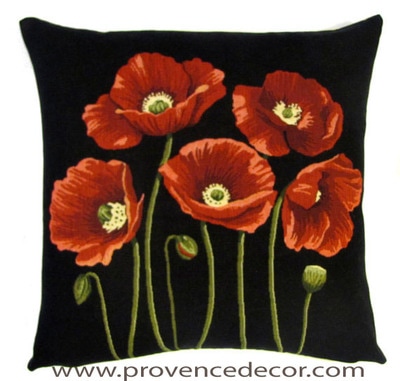 This FIVE POPPIES BLACK Tapestry Pillow Cover is woven on a Jacquard loom (crafted with true traditional tapestry technique) with 100% high quality cotton thread, lined with a plain beige cotton backing and closes with a zipper. Size: 18" X 18"
