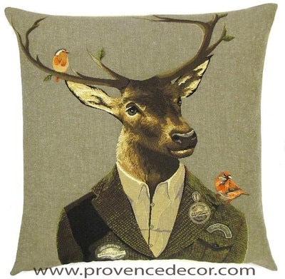 FOREST RANGER DEER AND BIRDS Belgian Tapestry Throw Pillow Cases - Decorative 18 X 18 Square Pillow Covers - Zippered Throw Pillow Case - Jacquard Woven Belgium Tapestry Cushion Covers - Fun Forest Animals Throw Cushions - Mountain House Forest Ranger Deer Stag Birds Home Decor Gifts