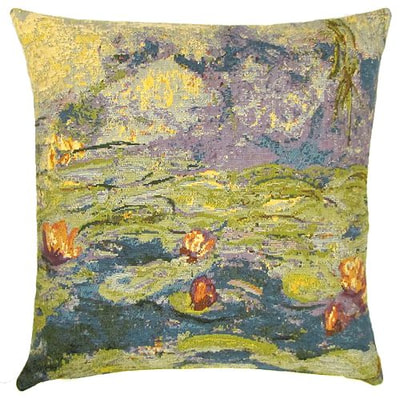 The WATER LILIES Tapestry Cushion is a replica of Claude Monet's famous artwork in Tapestry. The details are exquisite, looks like a real painting. These gorgeous Jacquard Tapestry Throw Pillow Cases are the authentic GOBELIN Tapestry woven with 100% high quality cotton, lined with a soft beige velvet backing and close with a zipper. Size: 18" X 18"