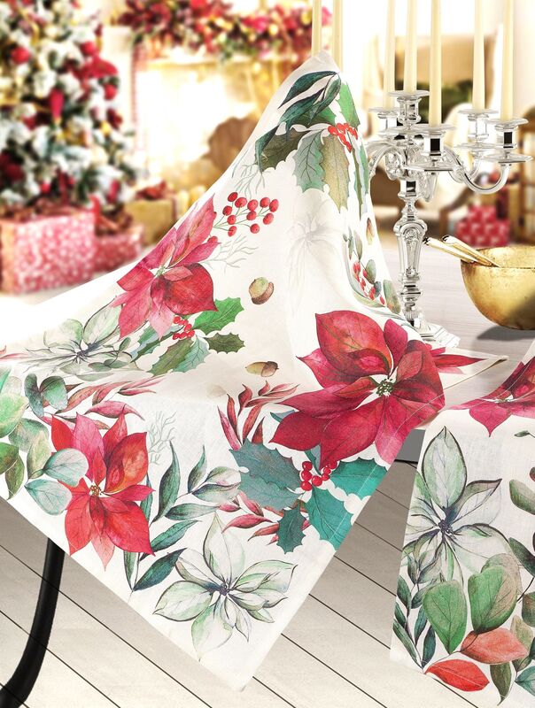 CHRISTMAS POINSETTIA FLOWERS Linen Kitchen Towels - Exclusive Designs Tea Towels - 100% Linen Dishtowels - Elegant Holidays Dish Towels - Christmas Kitchen Hand Towels - XMAS House Decoration Gifts