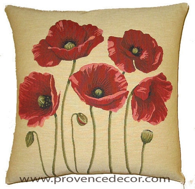 This FIVE POPPIES BEIGE Tapestry Pillow Cover is woven on a Jacquard loom (crafted with true traditional tapestry technique) with 100% high quality cotton thread, lined with a plain beige cotton backing and closes with a zipper. Size: 18" X 18"