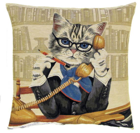 I LOVE MY JOB Cat Jacquard Woven Tapestry Throw Pillowcases - Fun Dressed Cat Cushion Covers - Cat Lover Gift Home Decor
