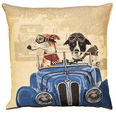 DOGS WHIPPET AND BORDER COLLIE IN CLASSIC BLUE RACE CAR European Belgian Tapestry Throw Pillow Cases - Decorative 18 X 18 Pillow Covers - Zippered Throw Pillow Case - Jacquard Woven Belgium Tapestry Cushion Covers - Fun Dressed Dog Throw Cushions - Dog Lover Gift - Antique Classic Cars Home Decor