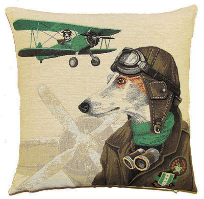 DOG PILOT WHIPPET AND VINTAGE GREEN PLANE European Belgian Tapestry Throw Pillow Cases - Decorative 18 X 18 Square Pillow Covers - Zippered Throw Pillow Case - Jacquard Woven Belgium Tapestry Cushion Covers - Fun Dressed Dog Throw Cushions - Dog Lover Gift - Antique Classic Vintage Planes Home Decor