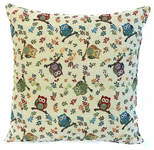 MULTICOLOR OWLS Belgian Tapestry Throw Pillow Cases - Decorative 18 X 18 Square Pillow Covers - Zippered Throw Pillow Case - Jacquard Woven Belgium Tapestry Cushion Covers - Owls Reversible Throw Cushions - Elegant Home Decor Gifts