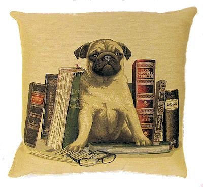 DOG PUG ANTIQUE BOOKS LIBRARY BEIGE European Belgian Tapestry Throw Pillow Cases - Decorative 18 X 18 Square Pillow Covers - Zippered Throw Pillow Case - Jacquard Woven Belgium Tapestry Cushion Covers - Fun Dressed Dog Throw Cushions - Dog Lover Gift - Pugs Library Books Teacher Student Graduation Home Decor Gifts
