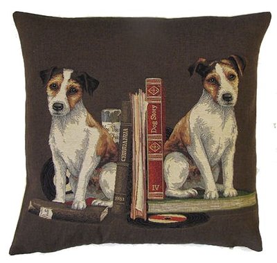 DOGS JACK RUSSELL ANTIQUE BOOKS LIBRARY BROWN European Belgian Tapestry Throw Pillow Cases - Decorative 18 X 18 Square Pillow Covers - Zippered Throw Pillow Case - Jacquard Woven Belgium Tapestry Cushion Covers - Fun Dressed Dog Throw Cushions - Dog Lover Gift - Jack Russell Library Books Teacher Student Graduation Home Decor Gifts