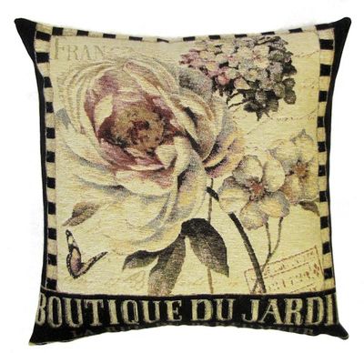 This BOUTIQUE DU JARDIN Tapestry Pillow Cover is woven on a Jacquard loom (crafted with true traditional tapestry technique) with 100% high quality cotton thread, lined with a plain beige cotton backing and closes with a zipper. Size: 18" X 18"