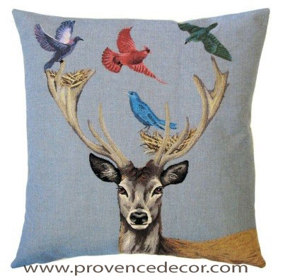 DEER WITH MULTI COLOR BIRDS Belgian Tapestry Throw Pillow Cases - Decorative 18 X 18 Square Pillow Covers - Zippered Throw Pillow Case - Jacquard Woven Belgium Tapestry Cushion Covers - Fun Forest Animals Throw Cushions - Mountain House Forest Deer Stag Birds Home Decor Gifts