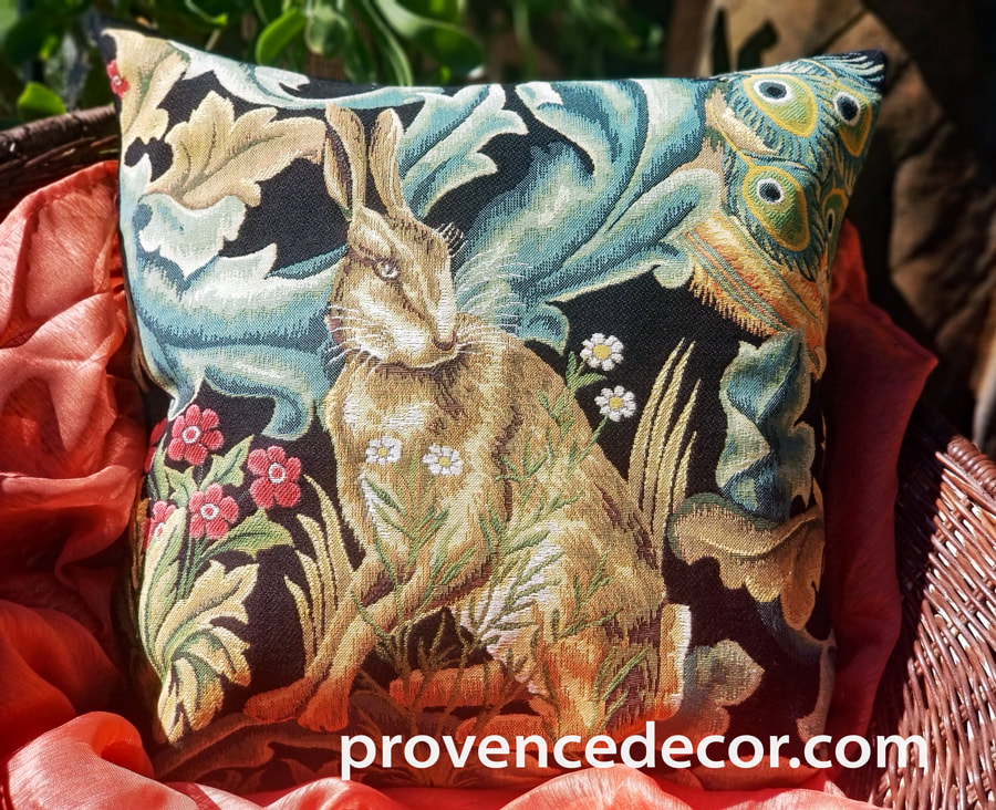 THE FOREST HARE RABBIT BLACK Authentic European Tapestry Decorative Throw Pillow Cover - William Morris Jacquard Woven 18 X 18 Cushion Covers - William Morris Vintage Art Lovers Gift - Museum Art Gallery Gifts Home Decor
