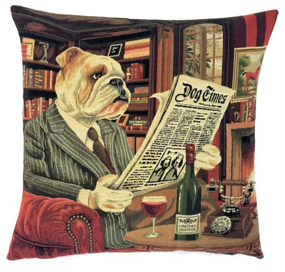 GENTLEMAN BULLDOG READING DOG TIMES NEWSPAPER European Belgian Tapestry Throw Pillow Cases 18 X 18 square - Decorative Pillow Covers - Zippered Pillow Case - Belgium Tapestry Cushion Cases - Bulldog Home Decor Gift - Fun Dogs Cushion Covers - Dog Art - Dog Lovers