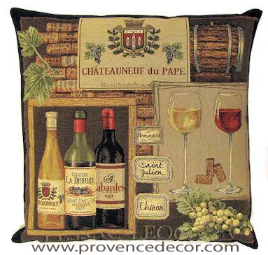 This CHATEAUNEUF DU PAPE WINERY Tapestry Pillow Cover is woven on a Jacquard loom (crafted with true traditional tapestry technique) with 100% high quality cotton thread, lined with a plain beige cotton backing and closes with a zipper. Size: 18" X 18"