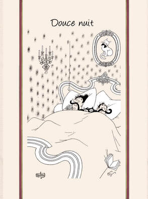 DUBOUT SWEET NIGHT Exclusive Design French Dishtowels - Elegant 100% Cotton Kitchen Towels - Cat and Animal Lovers Dish Cloths - Fun Dubout Paris Artwork Decorative Kitchen Tea Towels - Home Decor Accessories Gifts