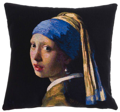 The GIRL WITH A PEARL EARRING Tapestry Cushion Cover is a replica of Johannes Vermeer famous artwork in Tapestry. The details are exquisite, looks like a real painting.
These gorgeous Jacquard Tapestry Throw Pillow Cases are the authentic GOBELIN Tapestry woven with 100% high quality cotton, lined with a soft beige velvet backing and close with a zipper. 
Size: 18" X 18"