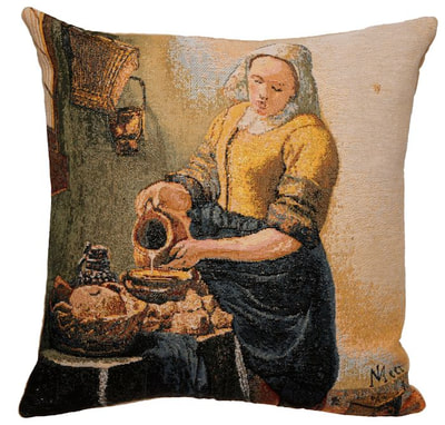 The THE MILKMAID Tapestry Cushion Cover is a replica of Johannes Vermeer famous artwork in Tapestry. The details are exquisite, looks like a real painting. These gorgeous Jacquard Tapestry Throw Pillow Cases are the authentic GOBELIN Tapestry woven with 100% high quality cotton, lined with a soft beige velvet backing and close with a zipper. Size: 16" X 16"