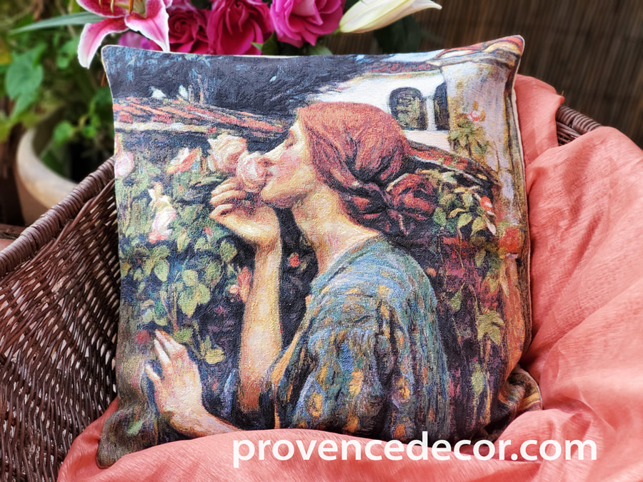 MY SWEET ROSE Jacquard Tapestry Decorative Throw Pillow Cases - Soul of the Rose by John William Waterhouse Famous Museum Art Gallery Painting Cushion Covers - Garden Rose Flowers Lovers Home Decor Gifts