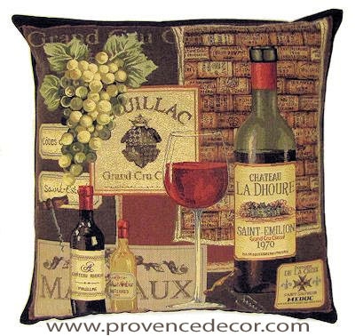 This CHATEAU LA DHOURE - PUILLAC WINERY Tapestry Pillow Cover is woven on a Jacquard loom (crafted with true traditional tapestry technique) with 100% high quality cotton thread, lined with a plain beige cotton backing and closes with a zipper. Size: 18" X 18"
