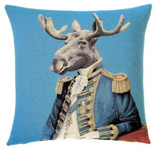 ARISTO MOOSE Tapestry Pillow Covers are woven on a Jacquard loom (crafted with true traditional tapestry technique) with 100% high quality cotton thread, lined with a plain beige cotton backing and close with a zipper. Size: 18" X 18"