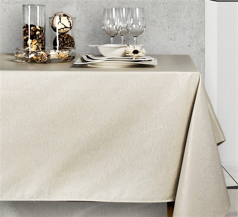 ANTOINETTE SAND Elegant Woven Design Cotton Coated Tablecloths - French Oil cloth Spill Proof Wipe Off Table Cover - Classic and Sophisticated Party Table Cover - Home Decoration Gifts