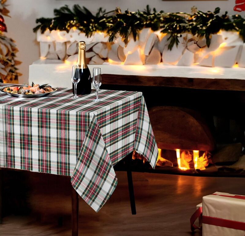CALEDONIA TARTAN WHITE Acrylic Cotton Coated Tablecloths - French Oilcloth Indoor Outdoor Party Traditional Scottish Style Plaid Fabric - Spill Proof Easy Wipe Off Laminated Urban Table Cover - Home Decoration Gifts