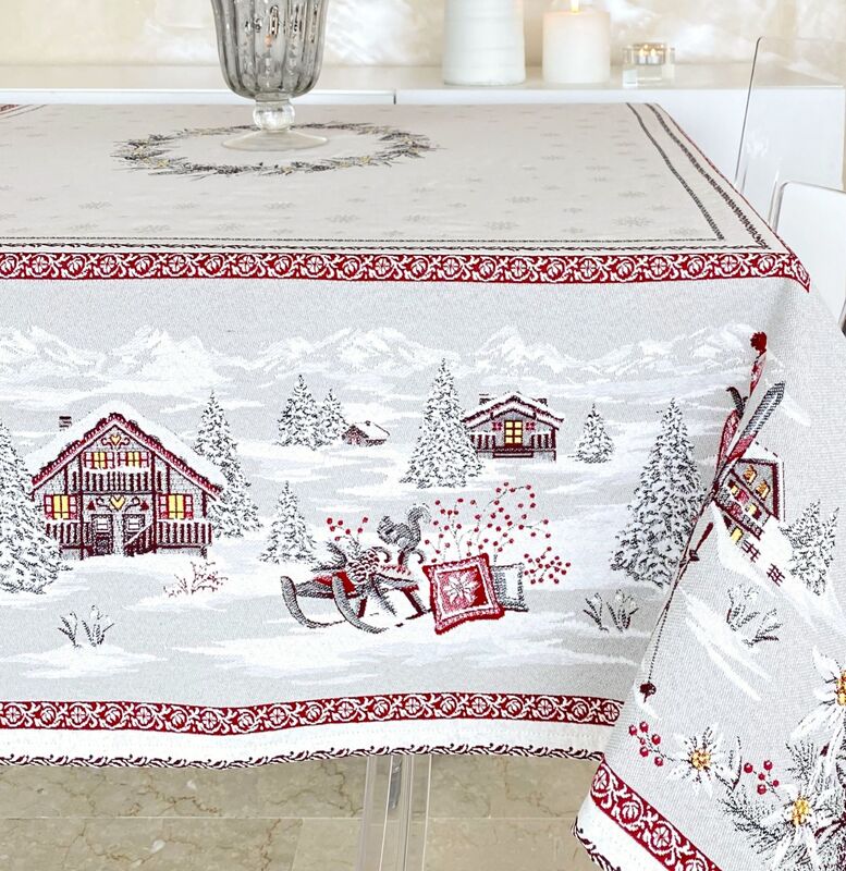 EDELWEISS NATURAL French Jacquard Woven Tapestry Christmas Tablecloths - Rectangle Table Cover - Square Table Topper Couch Throw - Mountain Resort Home Decor - Elegant French Christmas Gifts