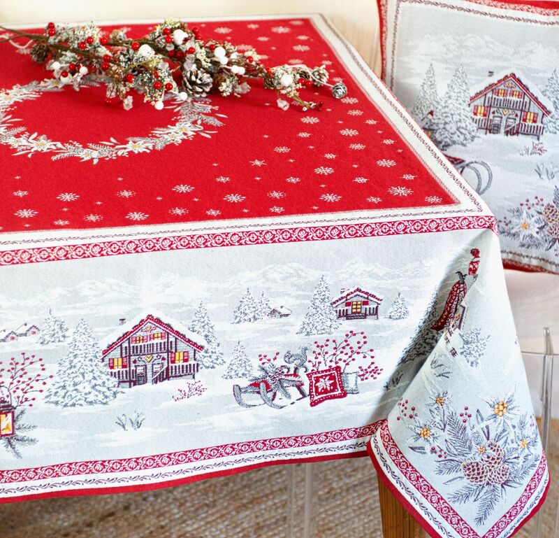 EDELWEISS RED French Jacquard Woven Tapestry Christmas Reversible Tablecloths - Rectangle Table Cover - Square Table Topper Couch Throw - Mountain Resort Home Decor - Elegant French Christmas Gifts