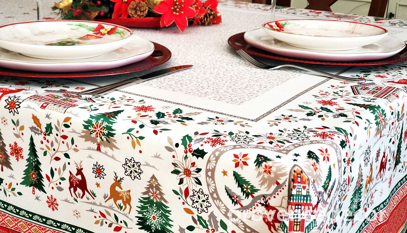 EVERGREEN CHRISTMAS Acrylic Cotton Coated Tablecloth - French Oilcloth Indoor Outdoor Party Table Cover - Spill Proof Easy Wipe Off Laminated Table cloths - Christmas Table Home Decoration Gifts