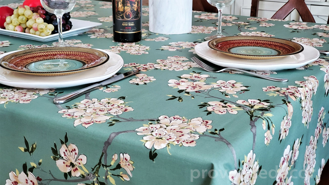 ALMOND BLOSSOM Trendy Nature Design Acrylic Cotton Coated Table cloths- French Oilcloth Indoor Outdoor Party Table Decor - Spill Proof Easy Wipe Off Laminated Tablecloths - Elegant Home Decor Gifts