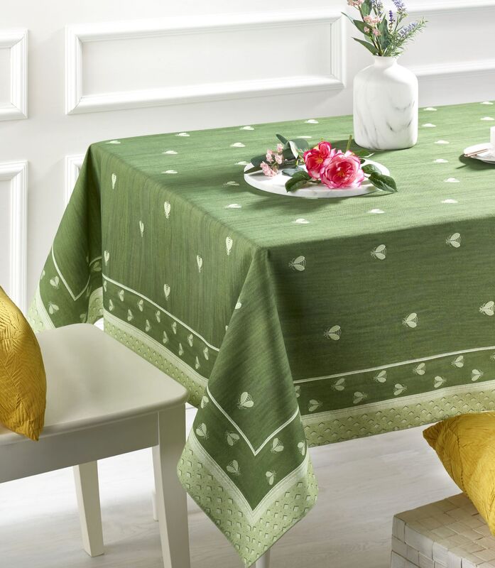 NAPOLEON BEE GREEN Cotton Coated Tablecloth - French Oilcloth Spill Proof Easy Wipe Off Fabric - In/Outdoor Decorative Party Table Decor - Elegant Traditional French Bumblebee Design