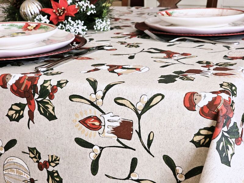 CHRISTMAS ELVES Acrylic Cotton Coated Tablecloth - French Oilcloth Indoor Outdoor Party Table Cover - Spill Proof Easy Wipe Off Laminated Table cloths - Christmas Table Home Decoration Gifts