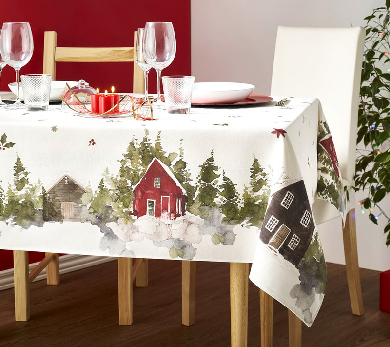 CHRISTMAS VILLAGE Acrylic Cotton Coated Tablecloth - French Oilcloth Indoor Outdoor Party Table Cover - Spill Proof Easy Wipe Off Laminated Table cloths - Christmas Table Home Decoration Gifts