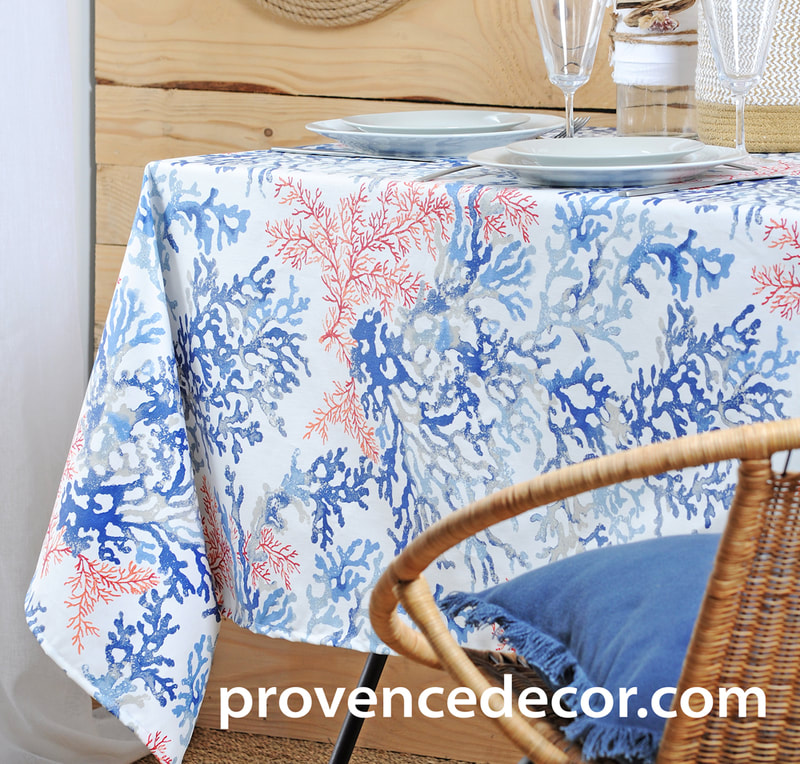 CORSICA CORAL REEFS French Riviera Ocean Table cloths - French Oilcloth Acrylic Cotton Coated Spill Proof Easy Wipe Off Fabric - In/Outdoor Decorative Party Table Decor - Elegant Nature Beach Home Decor