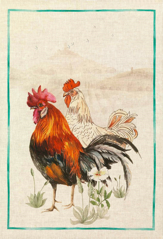 FRENCH COUNTRY ROOSTER GREEN European Linen Dish Towels - Exclusive Designs Decorative Tea Towels - Elegant 100% Linen Kitchen Towels - French Country Rooster Chicken Lovers Dishtowels - Farmhouse Kitchen Hand Towels - French Home Decor Gifts