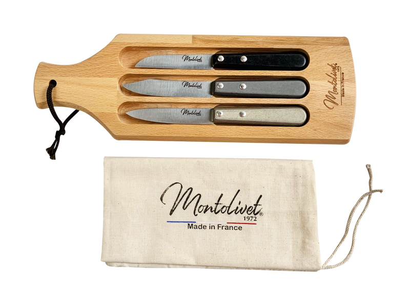 FRENCH 3 ESSENTIAL KNIVES with WOOD MAGNETIC KNIVES STORAGE CUTTING BOARD Exclusive Gift Set - Kitchen Decoration Cooking Lovers Home Gifts - HANDMADE IN FRANCE