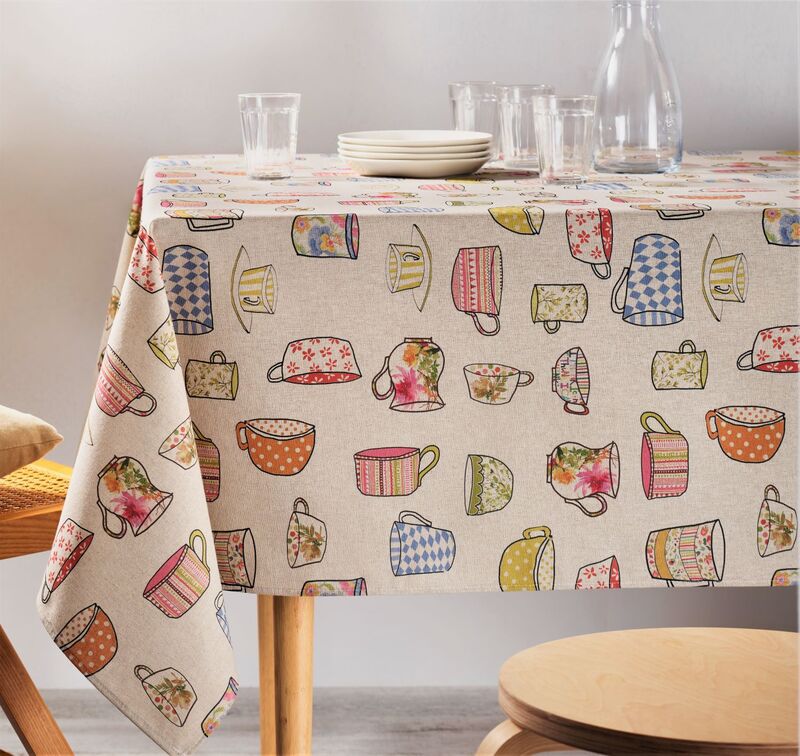 DANCING CUPS Acrylic Cotton Coated Tablecloth - French Oilcloth Indoor Outdoor Party Table Cover - Spill Proof Easy Wipe Off Laminated Table cloths - Coffee Tea Lovers Home Decoration Gifts