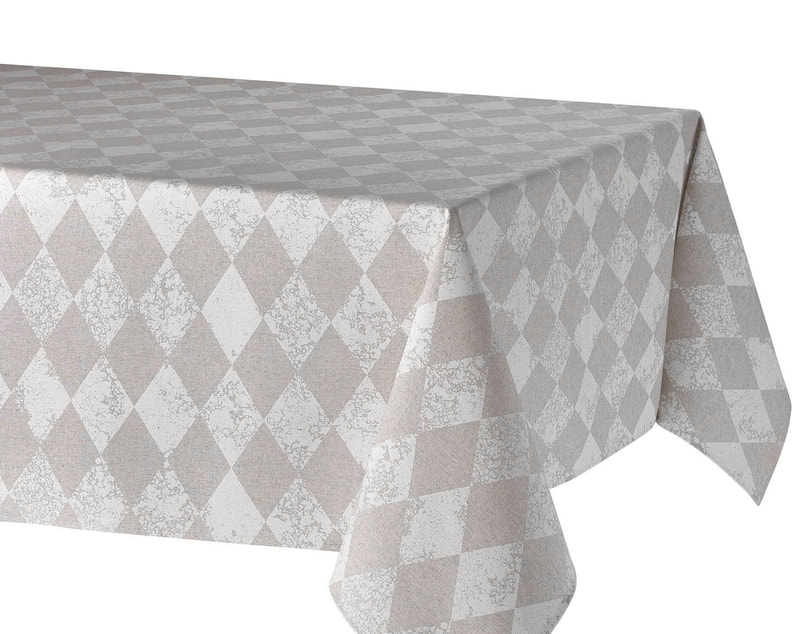 DIAMONDS LINEN WHITE BEIGE Trendy Argyle Design Rectangle Acrylic Cotton Coated Tablecloths - French Oilcloth Spill Proof Easy Wipe Off Party Cloth -Indoor Outdoor Elegant Modern Home Decor
