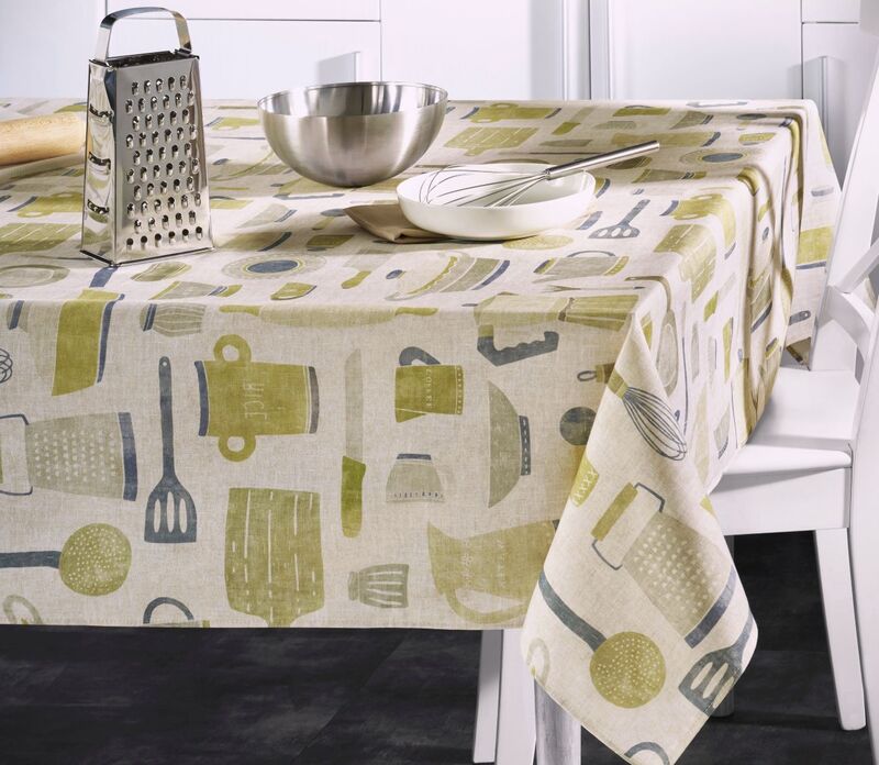 LA CUISINE GREEN Acrylic Cotton Coated Tablecloth - French Oilcloth Indoor Outdoor Party Table Cover - Spill Proof Easy Wipe Off Laminated Table cloths - Cooking Lovers Home Decoration Gifts