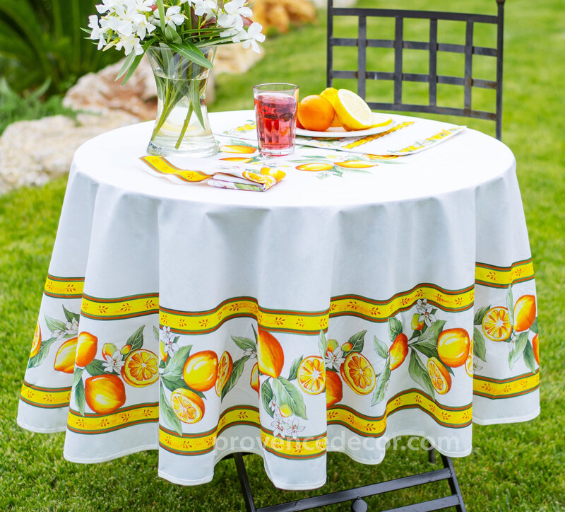 LEMON WHITE Cotton Coated Table cloths - French Oil cloth Spill Proof Easy Wipe Off Fabric - Elegant Party Table Cover - French Country Home Decoration