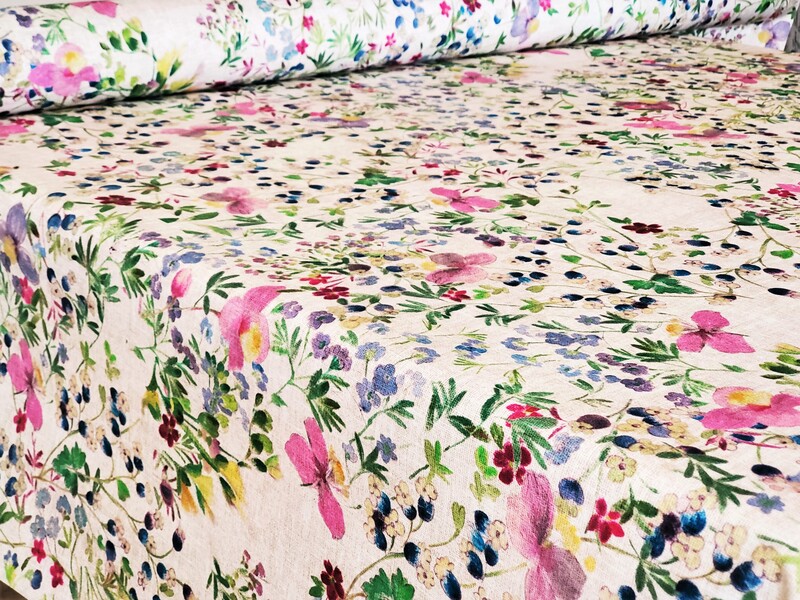 LUANA WILDFLOWERS Acrylic Cotton Coated FABRIC BY THE YARD 62" inches wide - French Oilcloth Indoor Outdoor - Elegant Nature Flowers Spill Proof Easy Wipe Off Laminated Material
