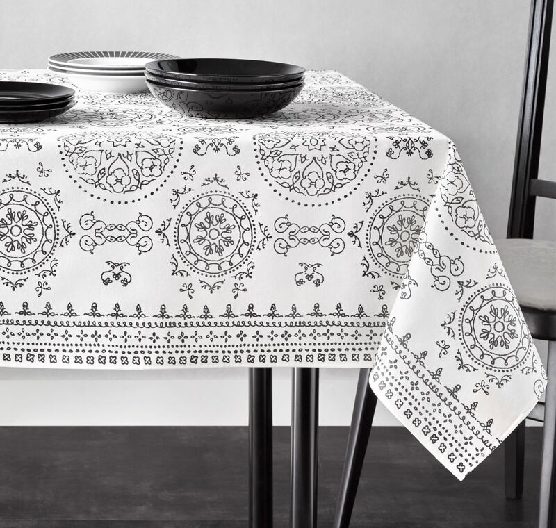 MANDALA WHITE Contemporary Art Design Rectangle Acrylic Cotton Coated Tablecloths - French Oilcloth Spill Proof Easy Wipe Off Party Cloth -Indoor Outdoor Elegant Modern Home Decor