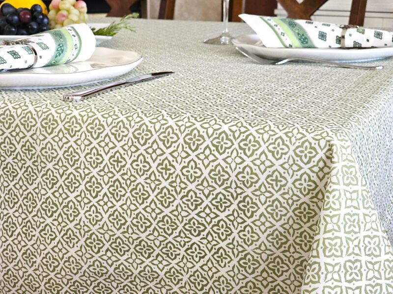 MASSILIA GREEN Modern Elegant Acrylic Cotton Coated Tablecloths - French Oilcloth Spill Proof Easy Wipe Off Round Rectangle Table Cover - Indoor Outdoor Party Table Decor - Trendy Home Decoration Gifts