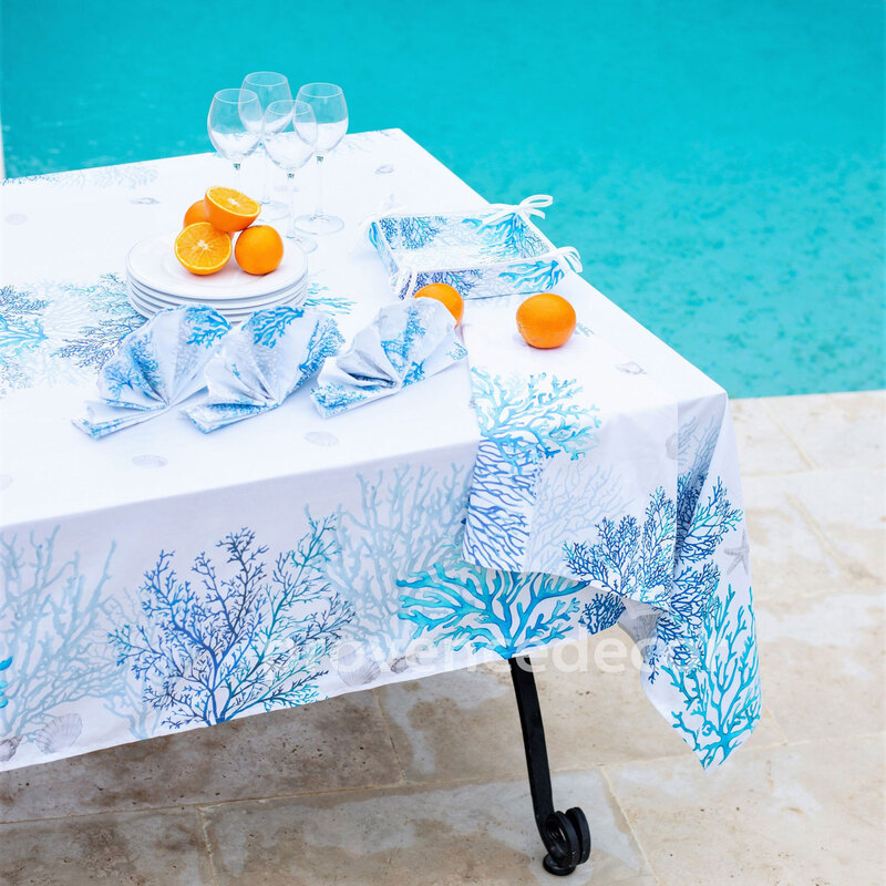 MEDITERRANEAN BLUE Cotton Coated Table cloths - French Oil cloth Spill Proof Easy Wipe Off Fabric - Elegant Beach Party Rectangular Table Cover - French Home Decoration