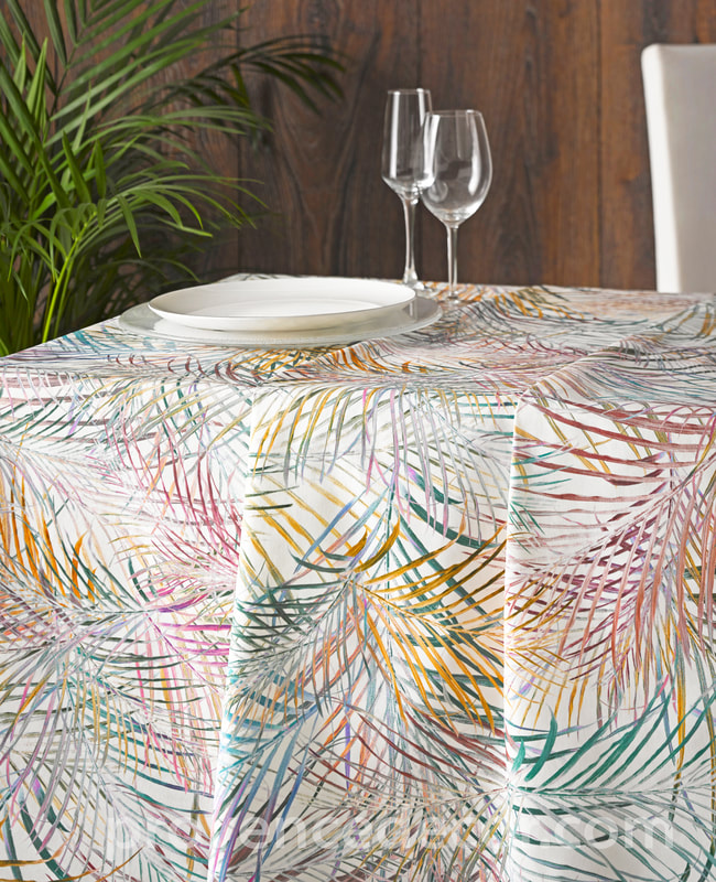 OASIS NATURE Trendy Nature Palm Leaves Design Acrylic Cotton Coated Table cloths- French Oilcloth Indoor Outdoor Party Table Decor - Spill Proof Easy Wipe Off Laminated Tablecloths - Elegant Modern Home Decor Gifts